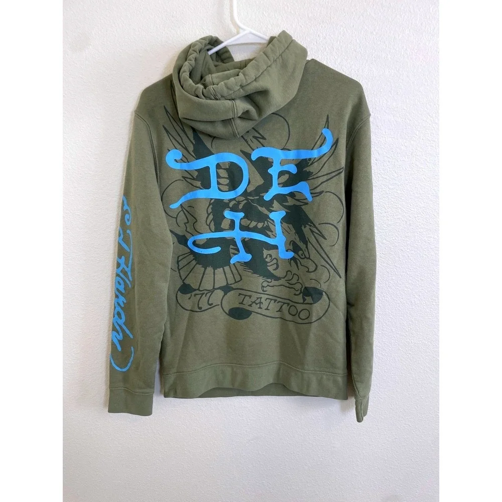 Y2K Ed Hardy Mens Small Green Panther Tattoo Graphic Hoodie‎ Sweatshirt
